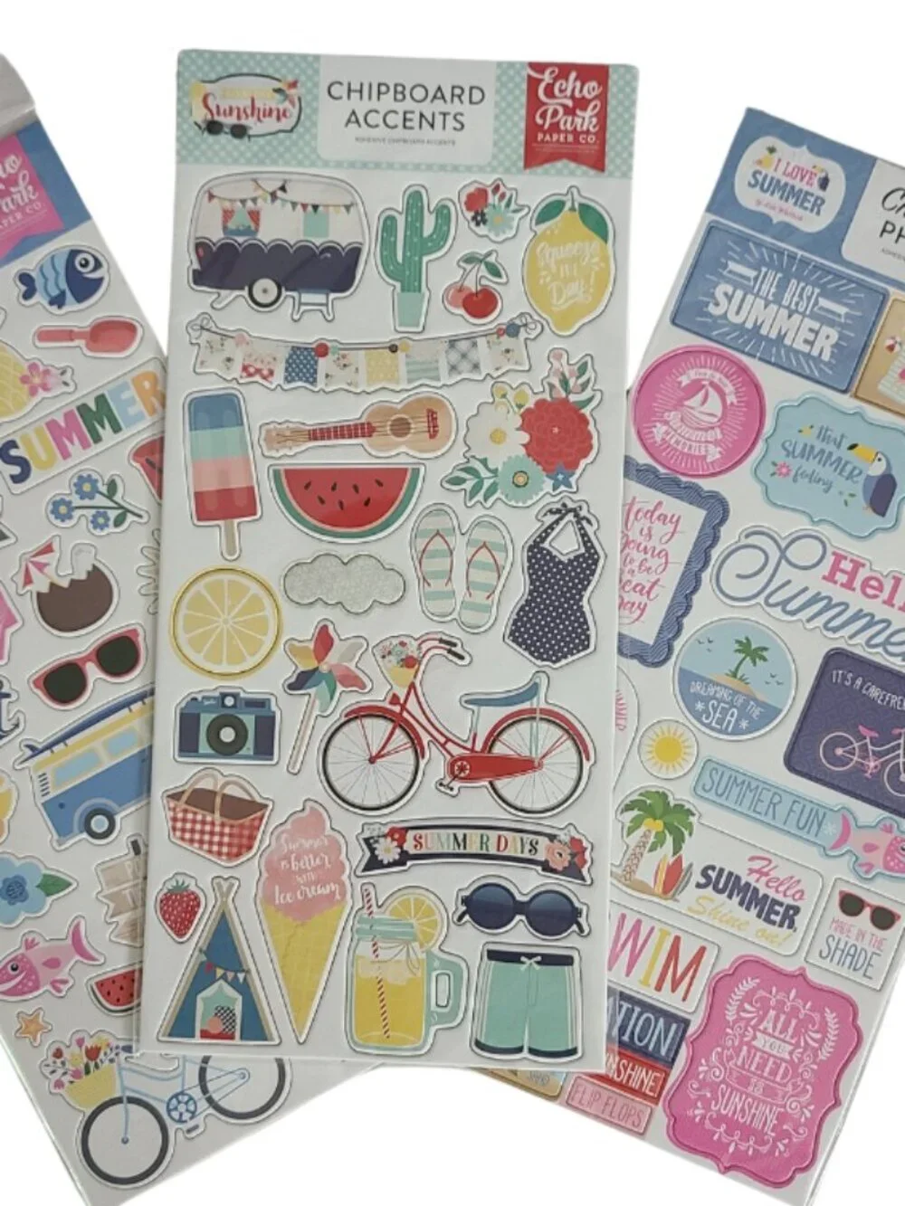 Echo Park Chipboard Accents & Phrases Summertime Beach Theme - Lot of 3